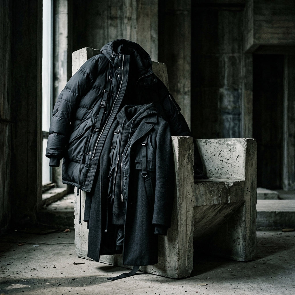 Premium heavyweight outerwear draped in manufacturing studio - STORY
